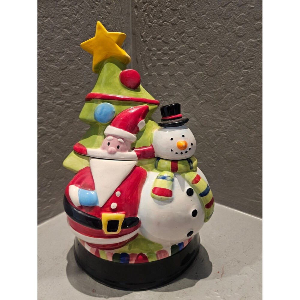 Festive Santa & Snowman Ceramic Tree Cookie Jar- Red, Green, White